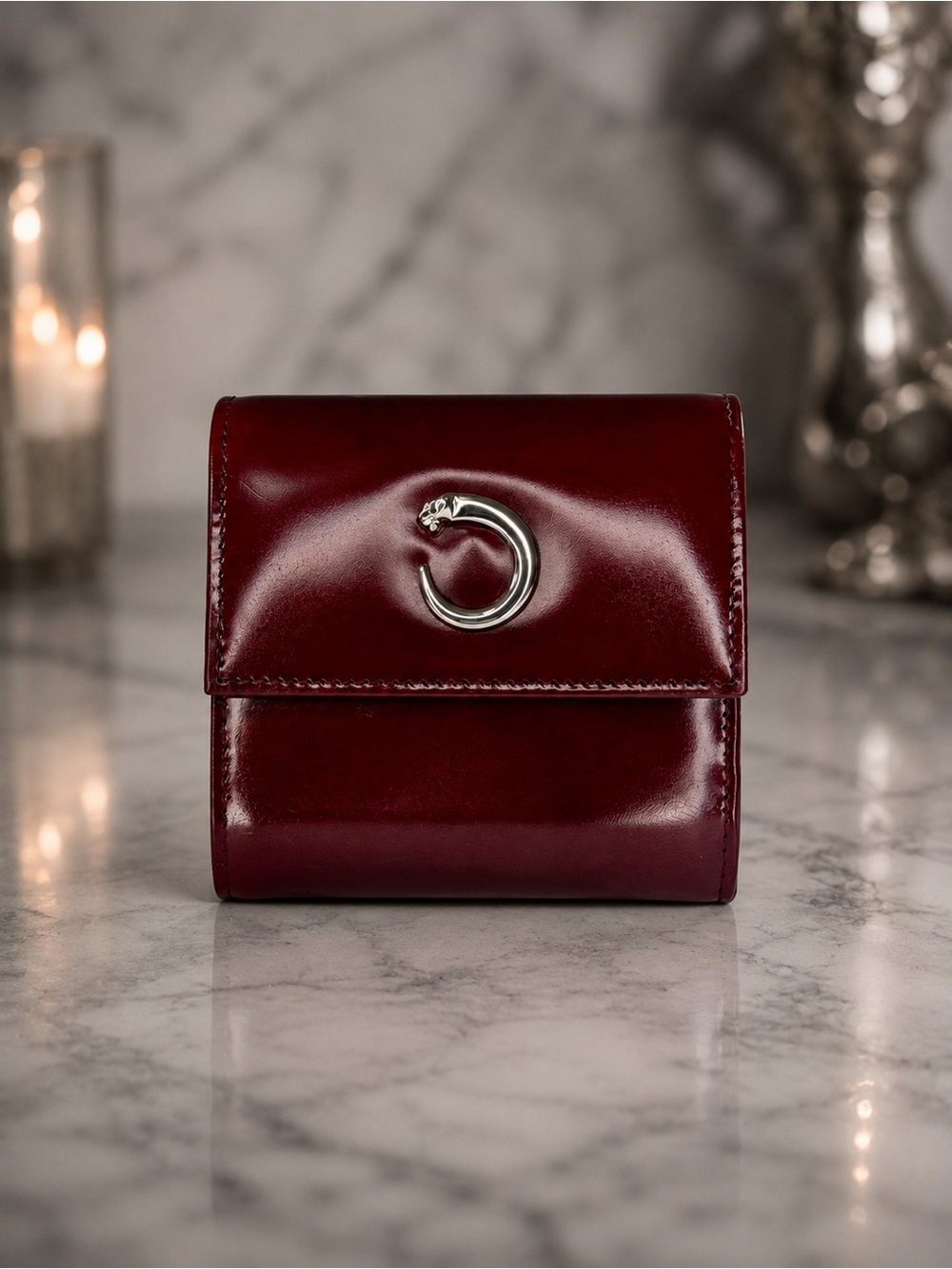 Cartier Bordeaux Patent Leather Trifold Wallet – Panthère Hardware | Full Set
